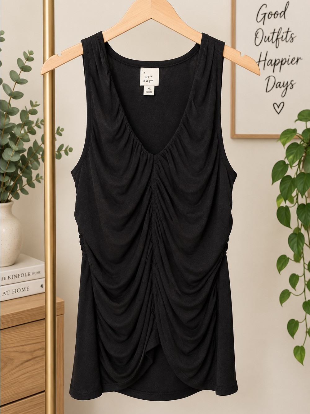 Black Ruched V-Neck Sleeveless Top